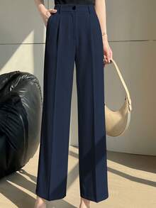 Women's High-Waisted Pleated Loose Fit Trousers, Suitable For Work And Casual Wear, Navy Blue, Spring/Summer - Navy Blue - View 5