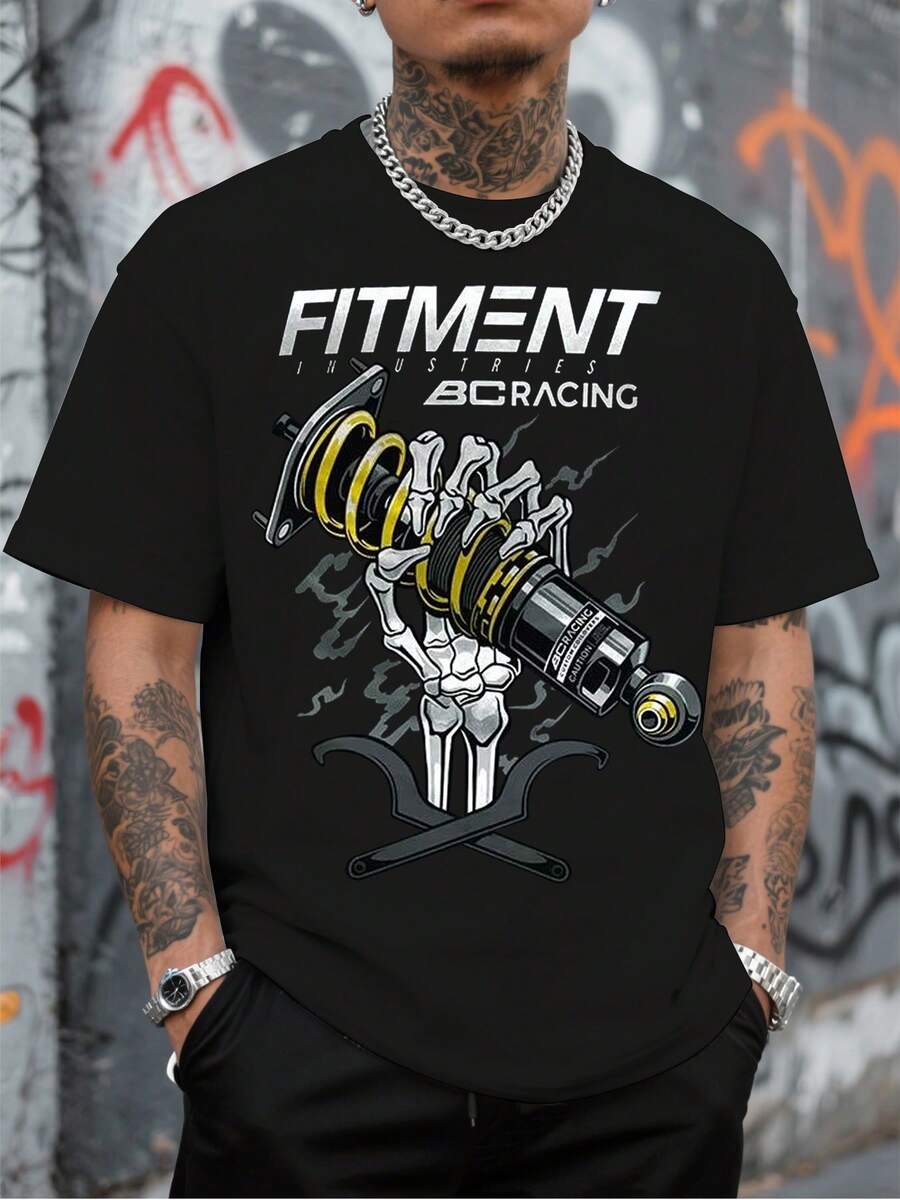 Cool Mi - Fitment BC Racing Skeleton Shock Absorber Graphic T-Shirt, Automotive Mechanic Style Suspension Print, Edgy Stance Culture Streetwear Design, Perfect For Car Enthusiasts, Tuning Fans & Casual Wear, Men's 100% Cotton T-Shirt, Comfortable Crew Neck Short Sleeves, Essential For Men's, Can Be Used As A Gift - 黑色 - 查看 1