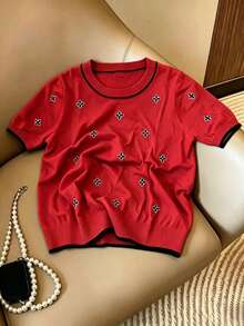 New Knitted Casual Short Sleeve Top, Minimalist Loose Fit Round Neck Embroidered Lightweight Blouse Vacation - Red - View 3