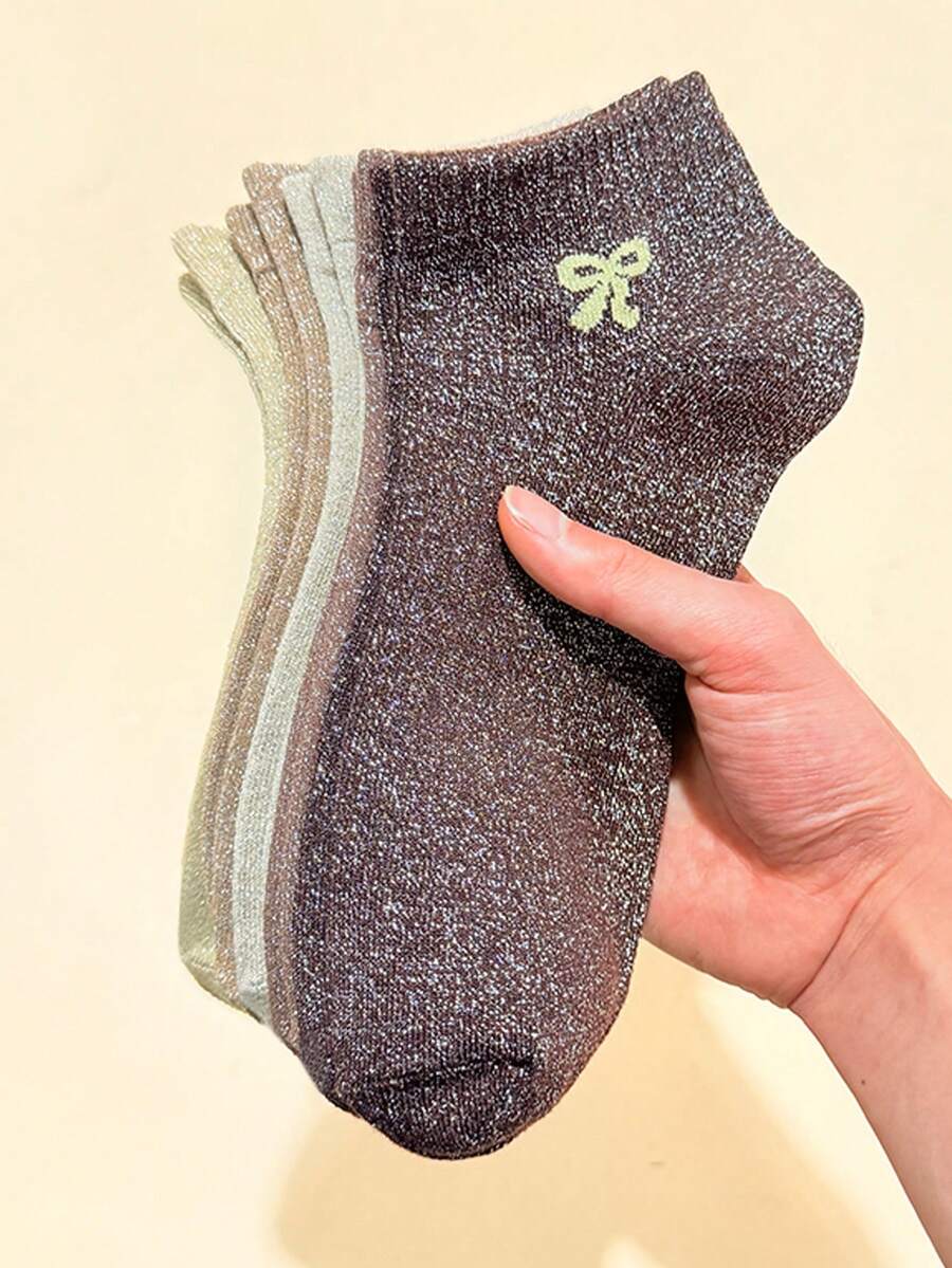 5 pares de calcetines de mujer, estilo delgado de verano, calcetines tobilleros con decoración de brillo al estilo coreano, calcetines brillantes y sexys de estilo retro, color café - Multicolor - Ver 1