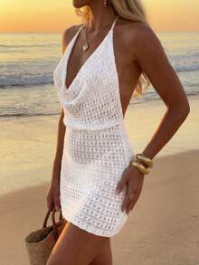 女士夏季透视镂空露背针织沙滩罩衫连衣裙，轻盈性感度假风 - 白色 - 查看 4