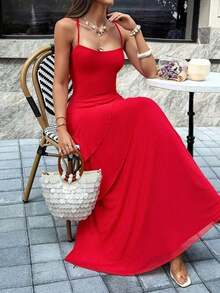 [Spring/Summer 2026 Best Sellers]Vaiaye Women's Tropical Hawaiian Bohemian Beach Vacation Maxi Dress, Solid Color Elegant Spaghetti Strap Backless High Slit Hem, Suitable Valentine's Day(Sequins/Rhinestones/Wedding Guest/Bodycon) - 紅色 - 查看 4