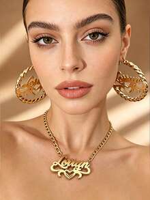 1 Set Customized Text Double-Layer Nameplate Necklace, Paired With Exaggerated Earrings, Filled With Love For Valentine's Day, 18K Gold Plated Stainless Steel Necklace, Deluxe Gift Box Packaging, Ideal Gift For Lover On Mother's Day And Valentine's Day,Jewellery For Ladies - Gold - View 2
