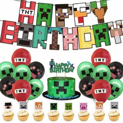  10pcs Minecraft Themed Pixel Tableware Set, Includes Tablecloth, Paper Cups, Napkins, Plates, Knives, Forks, Spoons, Thicker Paper/Plastic Material, Party Decorations Suitable For Game Theme Gatherings