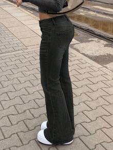 Quần jeans ống loe dáng ôm hai hàng cúc, thời trang và thanh lịch dành cho nữ, kiểu dáng thường ngày, tôn dáng, thích hợp cho mùa xuân. - Màu xám đen - Xem 4