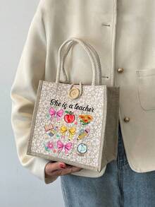 Best Teacher' Letter Print Tote Bag - Suitable As Gift For Mother's Day, Thanksgiving, Women's Day And Goddess Festival. Suitable For Daily Use. - Multicolor - View 8