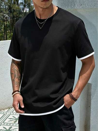 Camiseta casual de manga corta con cuello redondo y ribete de contraste para hombres, versátil para el verano