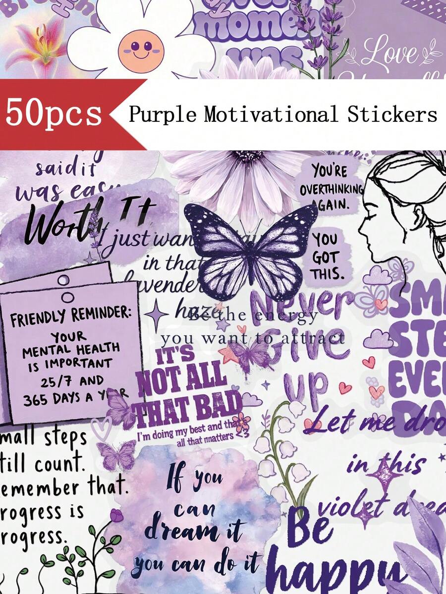 50pcs Purple Motivational Stickers For Luggage Laptop Organizers Scrapbooks Decor DIY Transparent Stickers - A - View 1