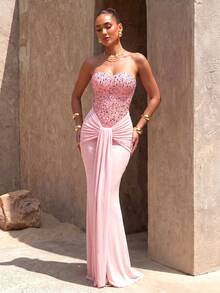 优雅派对串珠亮片拼布垂坠拉链正式晚礼服 - 粉色 - 查看 3