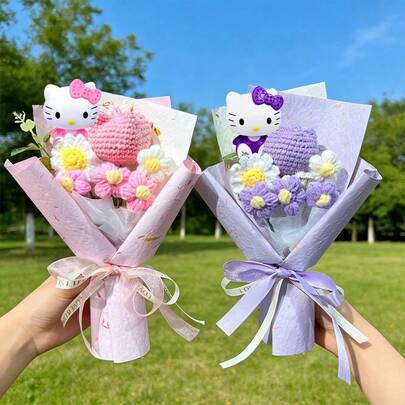  Sanrio Holding Flower Hello Kitty Artificial Tulip Bouquet, Hello Kitty Artificial Daisy Flower, Home Wedding Decor, Gift For Women's Day, Mother's Day, Teacher's Day, Valentine's Day, Hello Kitty Creative Flower Bouquet Surprise For Mother's Day, Birthday Gift For Friends, Graduation Gift (Gift Bag Included)