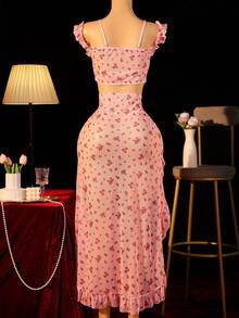 3pcs New Mesh Floral Print Lingerie Set Including Sheer Top, Long Dress, And Shorts - Pink - View 3