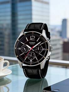 Casio 高品质男士石英表，经典指针显示，多功能计时，耐用矿物玻璃镜片，防刮擦，50米防水，真皮表带，商务休闲男士腕表 - 卡西欧 MTP-1374L-1A - 黑色 - 查看 2