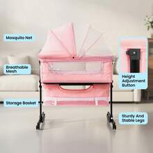 3-In-1 Baby Crib,Bedside Bassinet, Baby Bed With Storage Basket,Easy To Fold,6 Adjustable Height Portable Crib For Infant/Newborn,Baby Need,Baby Stuff - Pink - View 9