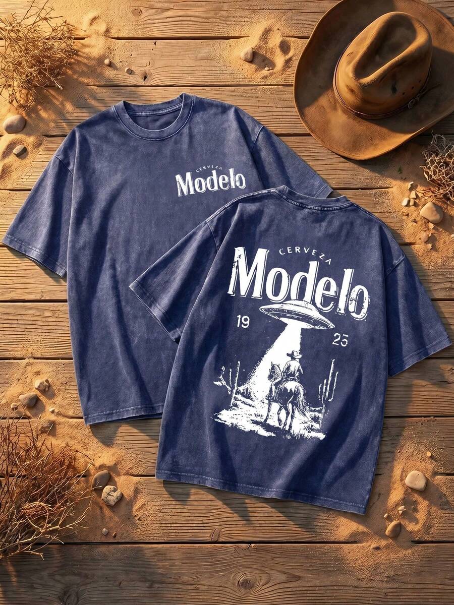 New American-Style Unisex Cotton T-Shirts Featuring Fun Retro Western Cowboy Cartoon Lettering Prints. Comfortable, Retro, Stylish, And Versatile Y2K Streetwear, A Must-Have For Commuting. Classic Niche Punk-Style Slim-Fit Black Crew Neck Short-Sleeved Washed T-Shirt. Comfortable Pure Cotton Washed Retro Series T-Shirts, Easily Creating A Retro Casual Look, Suitable For Daily Commutes, Casual Outings, Music Festivals, And Everyday Wear. Classic Retro Style, Men's Printed T-Shirts, Women's Printed T-Shirts. - Blue - View 1