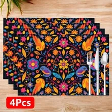 1pc/4pcs/6pcs/8pcs Mexican Folkloric Floral & Bird Pattern Linen Placemats, Suitable For Dining Table, All Seasons Decor, Modern Washable Tabletop Mats, Room Decor, Coasters, Kitchen Dining Mats, Indoor/Outdoor Party Decorations, Ideal Gift - Multicolor - View 16