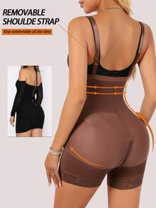 Bodysuit Pembentuk Bokong dengan Resleting di Selangkangan, Celana Pelatih Pinggang Berenda - Coklat - View 10