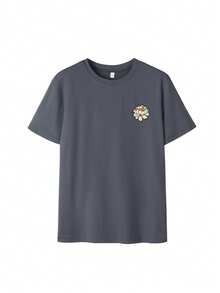 Camiseta de mujer de manga corta con cuello redondo y gráfico de letras, estilo casual y versátil para vacaciones, elegante para el verano y uso diario, color negro - Gris Oscuro - Ver 4