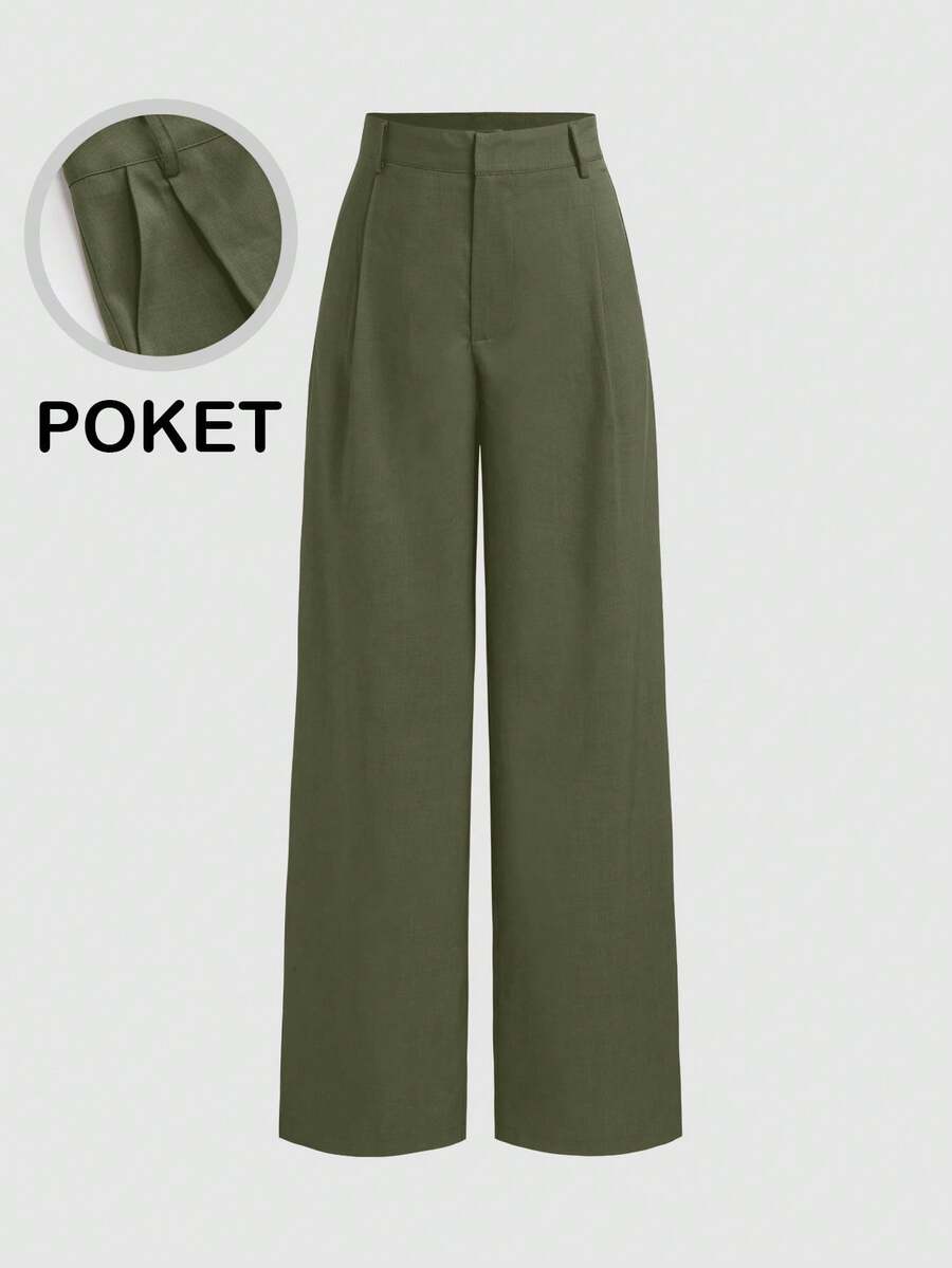 Vela Rue Minimalist Design Thin Slightly Sheer Navy Blue Solid Color Suit Pants With Zipper And Hook Closure Wide Leg Slimming All-Season Fashion Wide Leg Pants - Army Green - View 1