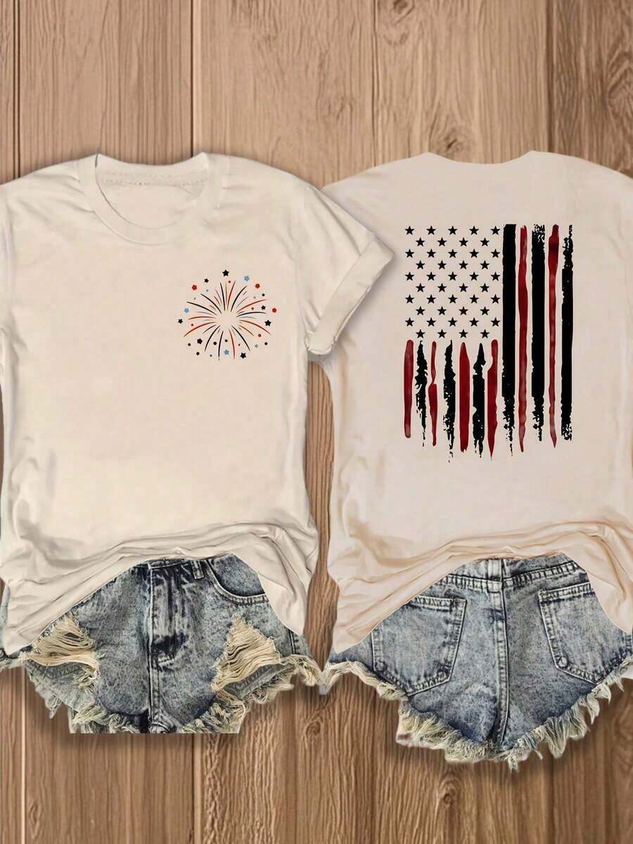 Women's Patriotic Fireworks & American Flag Print T-Shirt, Double-Sided Design, Perfect For 4th Of July Celebrations, Casual Fashion Graphic Tee, Festival Outfit, Soft Cotton Blend Comfortable Cotton T-Shirt - Màu be - Xem 1