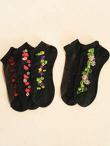 1/5 Pairs Random Women's Short Socks, Black Crystal Silk Embroidered Floral Pattern Glass Silk Thin Breathable Moisture-Wicking Fashion Socks, Suitable For Daily Wear - Multicolor - View 4
