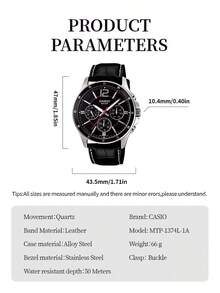 Casio 高品质男士石英表，经典指针显示，多功能计时，耐用矿物玻璃镜片，防刮擦，50米防水，真皮表带，商务休闲男士腕表 - 卡西欧 MTP-1374L-1A - 黑色 - 查看 3