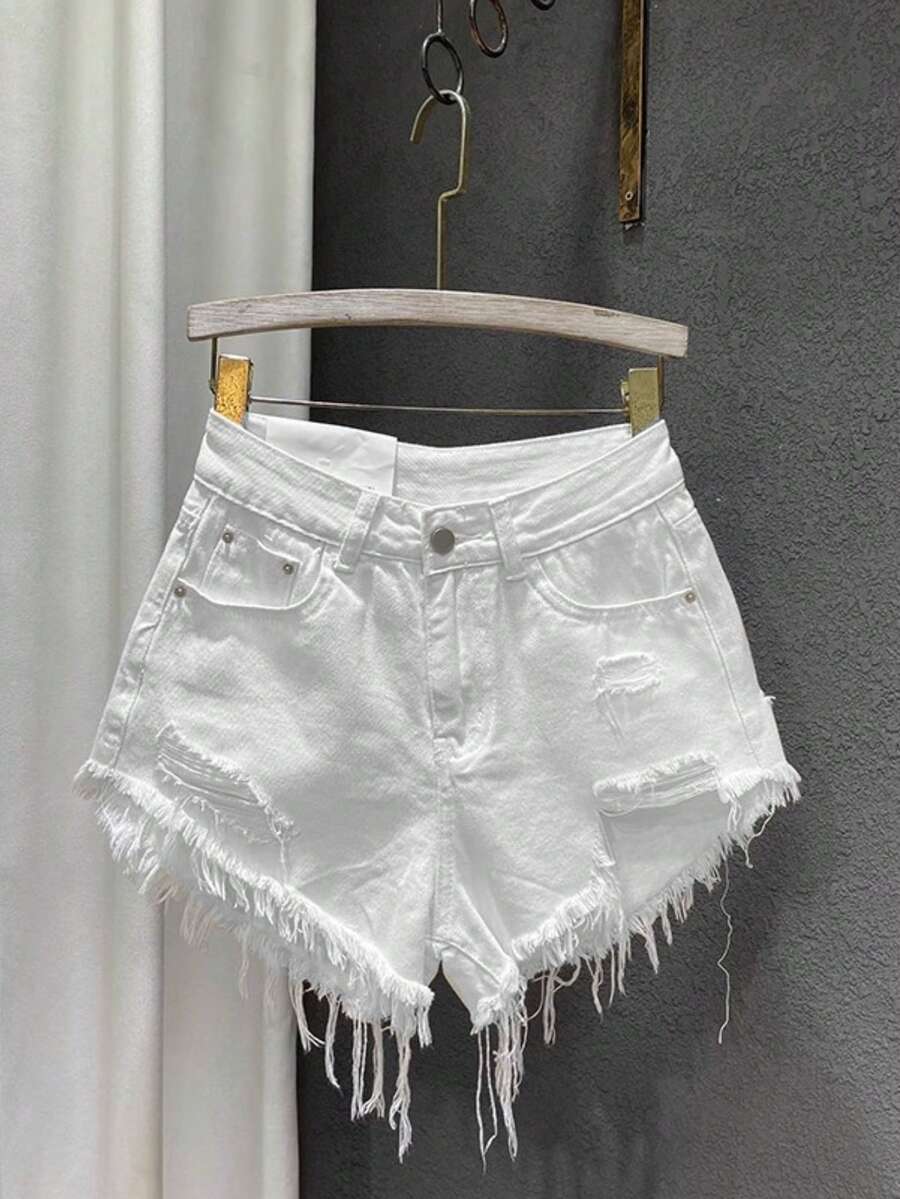 Hot Girl Retro Irregular Distressed Ripped Denim Short Pants With A Low-Waist Design, Featuring A Three-Piece Style And Being A Niche Hot Pant. - trắng - Xem 1