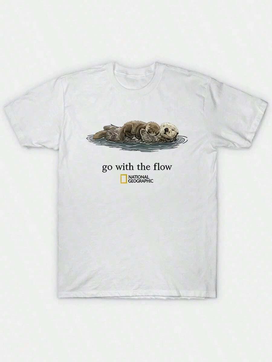 [New Products Arrive With Great Power] National Geographic "Go With The Flow" Unisex T-Shirt, Gift  Unisex T-Shirts For Summer Outings,Y2k T-Shirt,All Match T-Shirt,90s Vintage T-Shirt,Y2k T-Shirt,All Match T-Shirt,90s Vintage T-Shirt - 白色 - 查看 1