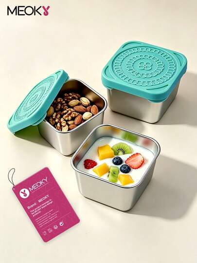 Meoky Bộ 3 hộp đựng đồ ăn nhẹ bằng thép không gỉ 227ml kèm nắp silicon, hộp đựng thực phẩm nhỏ chống rò rỉ, hộp cơm trưa bằng kim loại tái sử dụng dùng cho đồ ăn nhẹ, chuẩn bị bữa ăn, du lịch và dã ngoại.