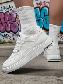 Men's Chunky Sole Skate Shoes, White Leather High Tops With Stitched Detail - 白色 - 查看 3