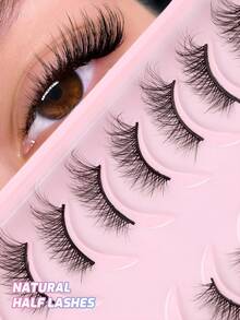 7 Pairs Natural Half-Strip Fluffy Cat Eye False Eyelashes, Black Soft Reusable Everyday Makeup - 半眼交叉款 - 查看 9