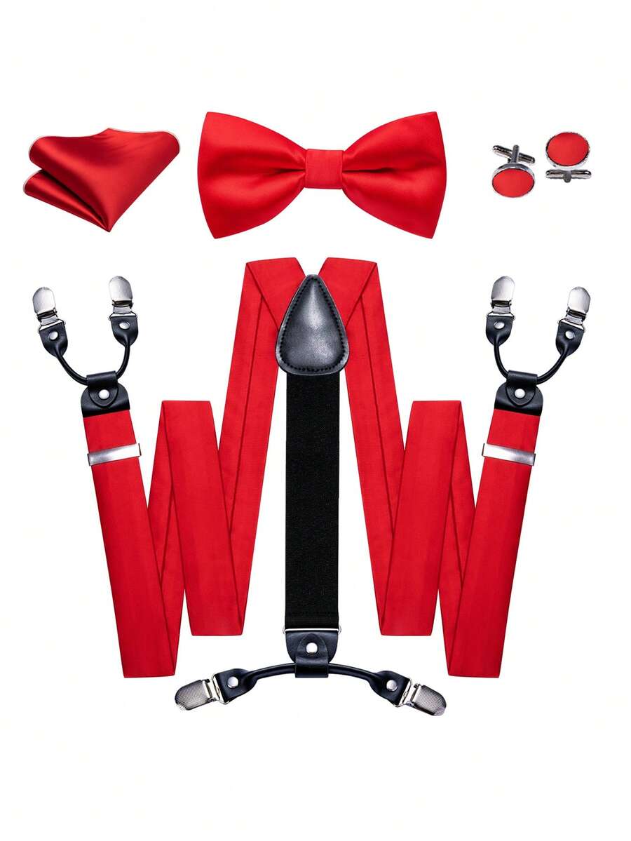 男士奢华红色缎面亮面吊带套装，含领结、口袋巾和袖扣，四件套，适用于婚礼、派对、宴会、舞会等场合。 - 紅色 - 查看 1