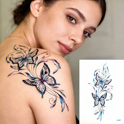 1张精致蝴蝶花卉临时纹身贴纸 - 防水持久，女士身体贴纸，派对装饰身体贴纸