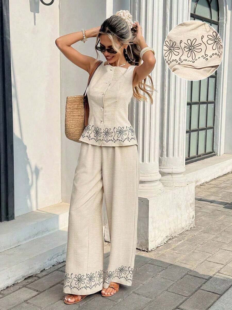 Women's Floral Print Single-Breasted Vest And Pants Casual 2 Pieces Set Summer,Imitation Embroidery Floral Print Design,Contrast Print Sleeveless Top + High-Waisted Wide-Leg Pants Two-Piece Set, Beige Two Piece Set, Summer Pant Set, Linen Two Piece Set, Boho Two Piece Set,Slimming Casual Set,Summer Vacation Outfits,Holiday Outfits For Women, Summer Outfits For Women , Spring To Summer - Màu be - Xem 1