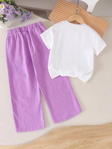 2件套女童休闲珍珠装饰白色短袖T恤+牛仔长裤套装，轻薄透气，适合春夏穿着 - 紫色 - 查看 2