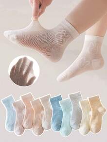 10 Pairs Random Mixed Color Kids Socks, Solid Color Minimalist Cute Rabbit Mesh Breathable Boys Girls Japanese Style Versatile Cartoon Car Mid-Calf Socks - Multicolor - View 9