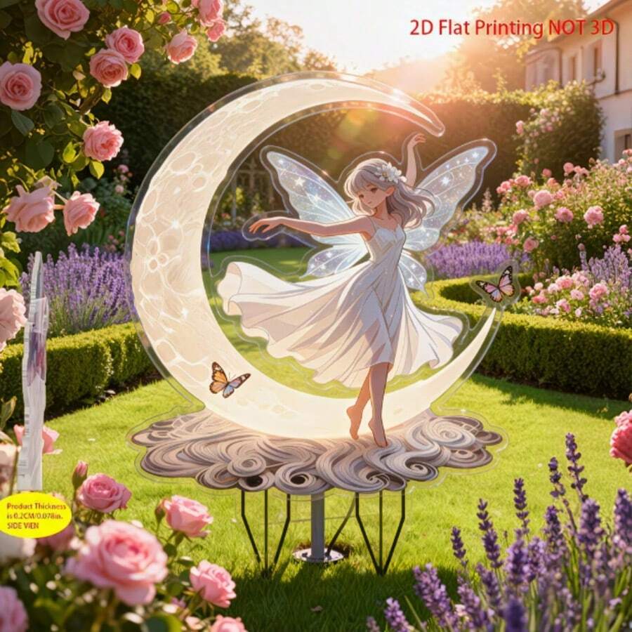 2D 仙女花园装饰，5.9 英寸 x 4.45 英寸塑料户外草坪装饰，仙女和蝴蝶图案，无需电源，适用于圣诞节、感恩节、万圣节、复活节和节日艺术装饰插杆