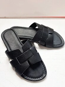 女士平底凉鞋，圆头黑色碎花图案时尚拖鞋，适合夏季搭配连衣裙 - 黑色 - 查看 2