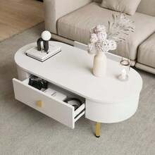 Coffee Table With Two Drawers, Gold Handles And Legs, Curved Corners. - 白色 - 查看 3