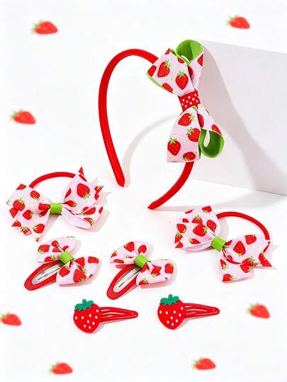 7pcs/Set Strawberry Bow Hair Clips, Red Pink Fabric Hair Bows, Fruit Elastic Hair Ties, Y2k Dopamine Strawberry Headband, Cute Hair Accessories For Teens Girls Birthday Gifts Vacation Summer Daily