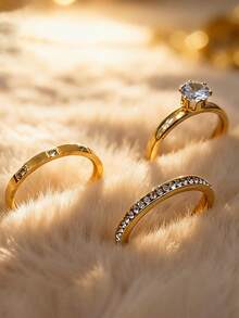 3件套304不锈钢镀18K金可叠戴戒指套装，简约优雅经典订婚结婚戒指，适合女性日常佩戴、派对、海滩度假、母亲节、情人节、生日礼物 - 金色 - 查看 3