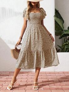 Vestido maxifloral con volantes en el bajo para vacaciones y playa para mujeres - Marrón - Ver 6