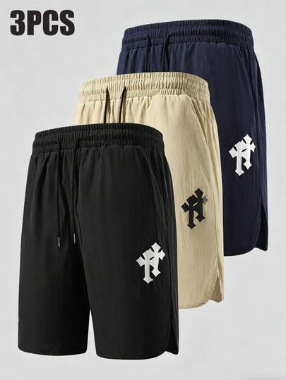 3pcs/Set Men's Quick-Dry Sports Shorts, Loose Straight Elastic Waist Drawstring, Cross Print, Casual Knee-Length Shorts For Daily Wear, Running, Training, Breathable & Cool Beach Shorts