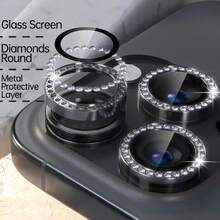 3 buah Pelindung Lensa Logam, Kompatibel dengan iPhone 16/15/14/13/11/12 Pro Max, Pelindung Lensa Kamera Mini, Cocok untuk 11/14 Pro Max, Hadiah Ulang Tahun/Untuk Keluarga & Teman, Kristal Mengkilap, Pelindung Lensa, Aksesori Ponsel, Tahan Air, Tahan Guncangan, Anti Gores, Anti Sidik Jari, Perlindungan Menyeluruh - Hitam - View 8