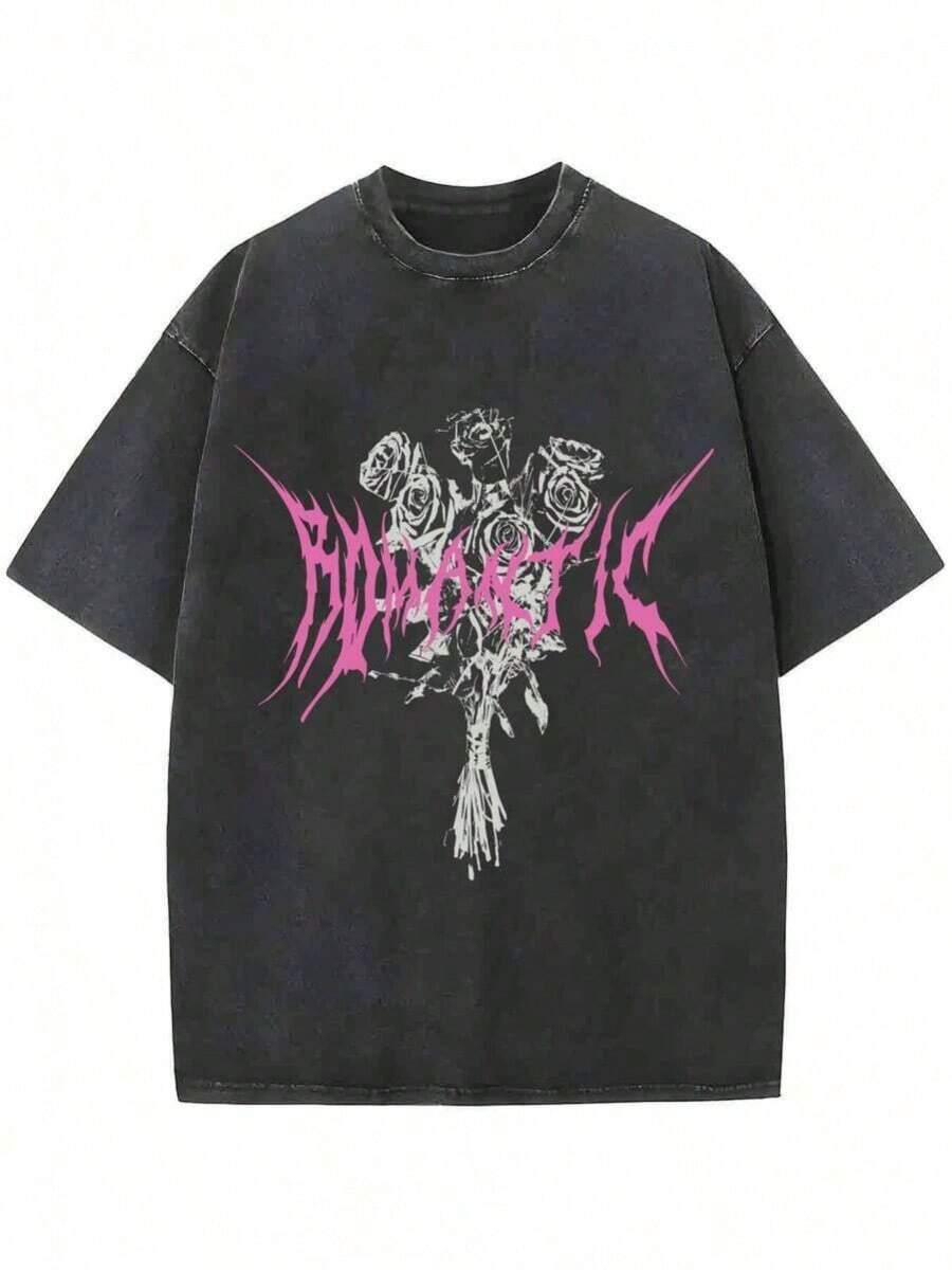 Mother's Day Gift Casual Hooded SweatshirtVintage Washed - Out Graphic T - Shirt For Women, Black Oversized Round Neck Short Sleeve With Romantic Pink Text & Sketch Roses & Skeletal Hand Design, Edgy Gothic Casual WearEveryday Outfit Mommy And Me Love Mom Festival Outfits - Black - View 1