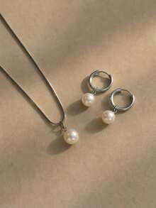 3pcs Stainless Steel Waterproof Non-Fading Fashion Women's Gold/Silver Teardrop Pearl Earrings Necklace Jewelry Set, Suitable For Daily Wear - Pearl - View 5