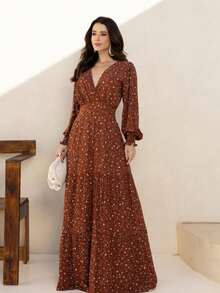 WOMEN'S LONG SLEEVE DRESS IN PRINTED VISCOLINE FABRIC - Dark Brown - View 2
