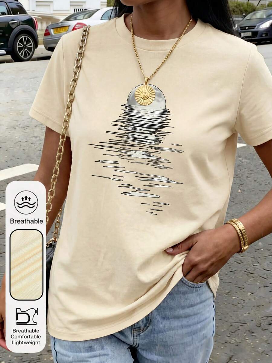Áo thun nữ cỡ lớn in hình trăng và sóng biển, cổ tròn, tay ngắn, phong cách vintage mùa hè; Áo thun nữ in hình "Đêm tĩnh lặng", cổ tròn, tay ngắn, phong cách lãng mạn mùa hè, màu mơ; Áo thun nữ mùa hè mới, đơn giản, in khẩu hiệu, dáng rộng, cổ tròn, tay ngắn, thời trang hàng ngày, phù hợp cho cả đi làm và đi nghỉ mát. Áo thun nữ. - Màu be - Xem 1