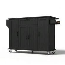 Kitchen Island With Fold-Down Worktop, Kitchen Trolley With Wheels, Kitchen Cabinet With 4  And 1 Drawer, Spice Racks Integrated Into The  , Double-Sided Towel Rails, White, 120*45(70)*95 - Black - View 8