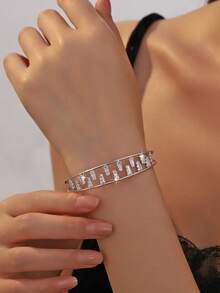 1 chiếc vòng tay sang trọng kiểu Âu và Mỹ đính đá Zirconia, vòng tay thời trang đa năng. - Bạc - Xem 2