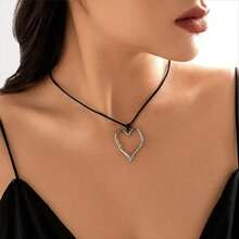 1pc Chunky Metallic Hollow Out Asymmetrical Geometric Multiple Element Charm Heart Shaped Pendant Collar Adjustable Black PU Leather Rope Necklace For Women Fashion Casual Street Party Jewelry Gifts - Họa tiết bạc không đều - Xem 10